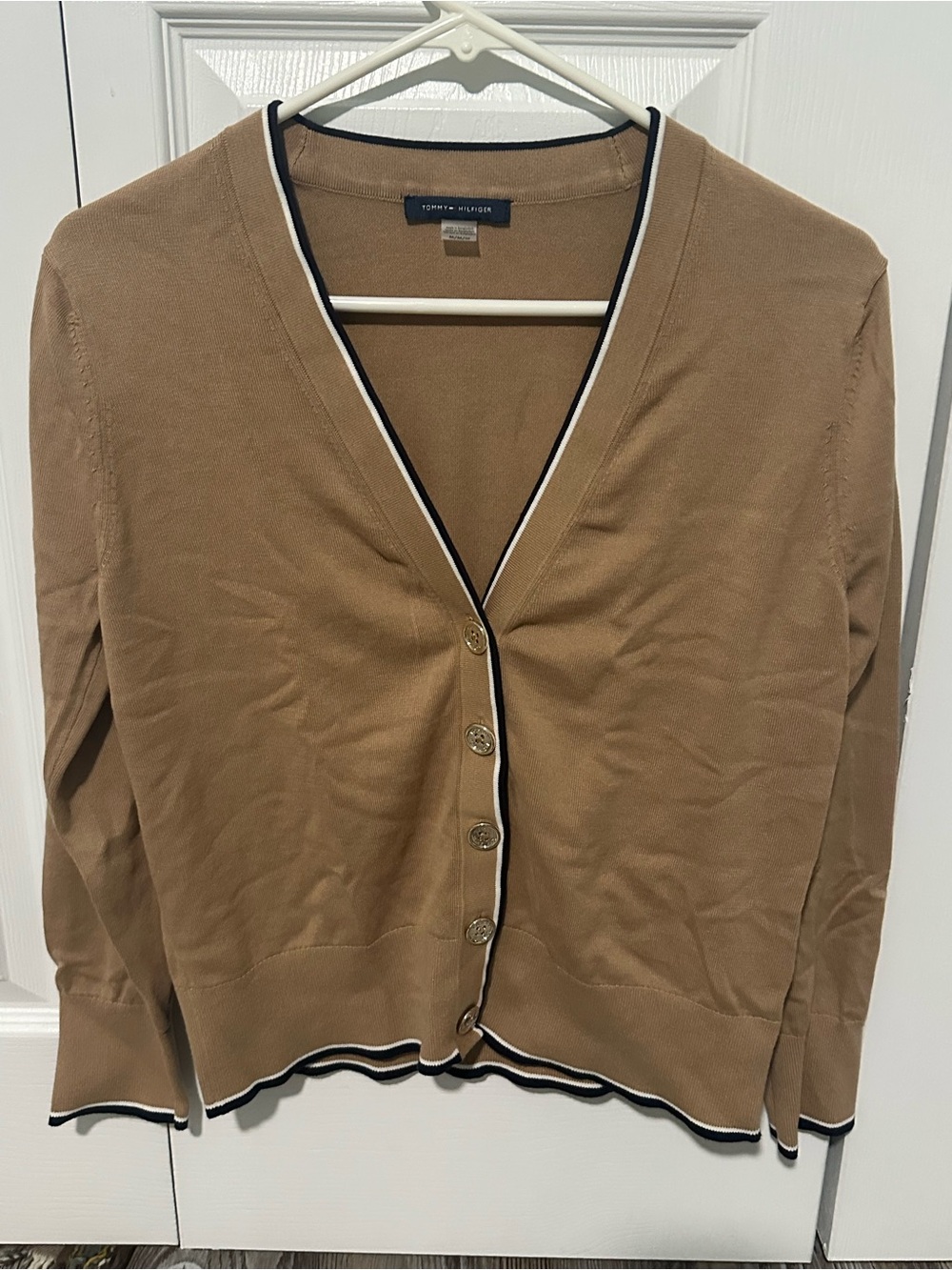 Tommy Hilfiger Tan Button-Front V-Neck Cardigan with Black & White Trim
